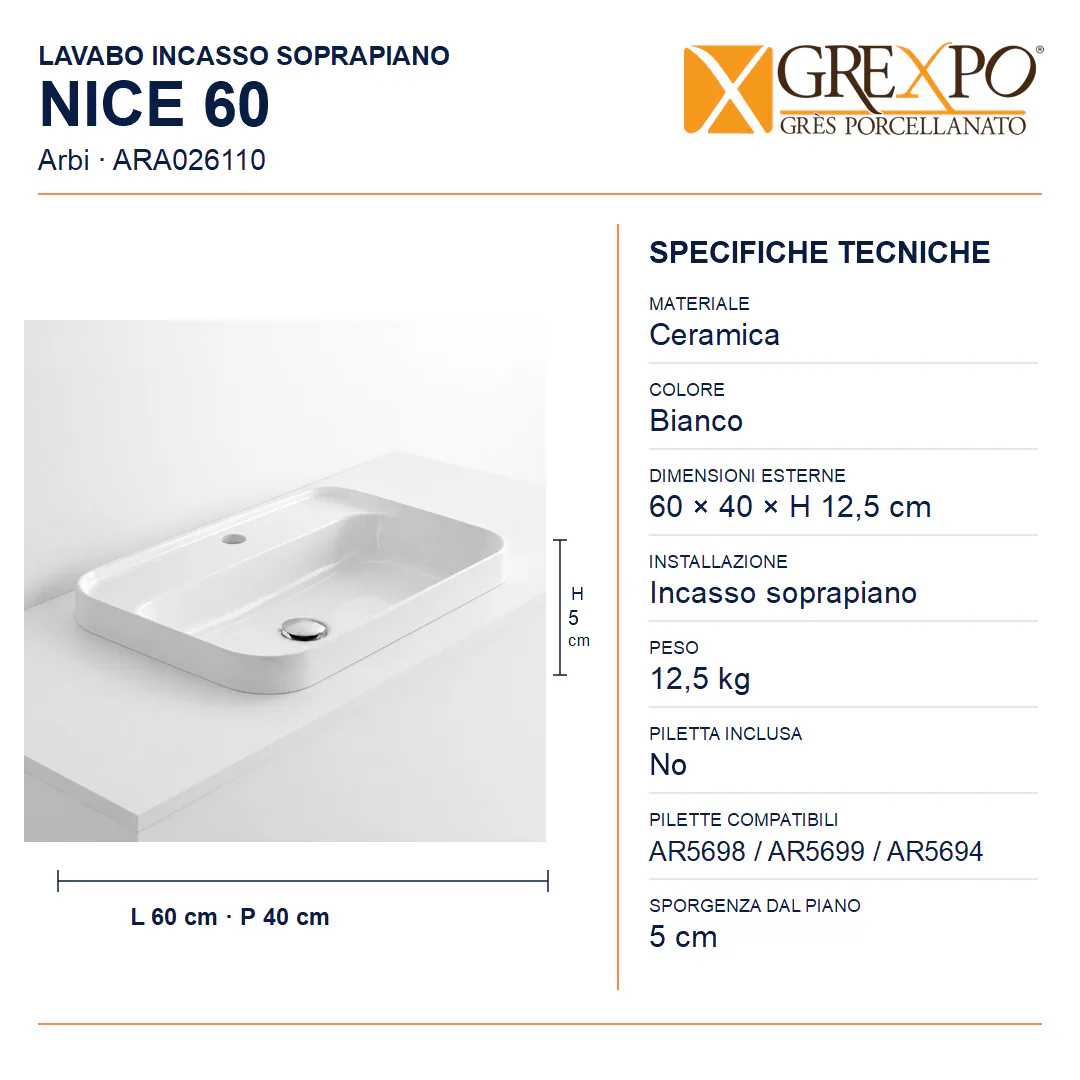 Lavabo da incasso soprapiano in Ceramica – Arbi Nice 60 – Bianco - Specifiche
