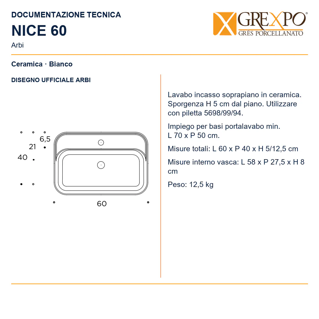 Lavabo da incasso soprapiano in Ceramica – Arbi Nice 60 – Bianco - Disegno tecnico ARBI
