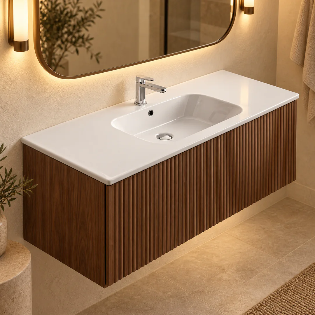 Lavabo consolle in Ceramica – Arbi Qubo 121 – Bianco – Con foro rubinetto - Ambientata