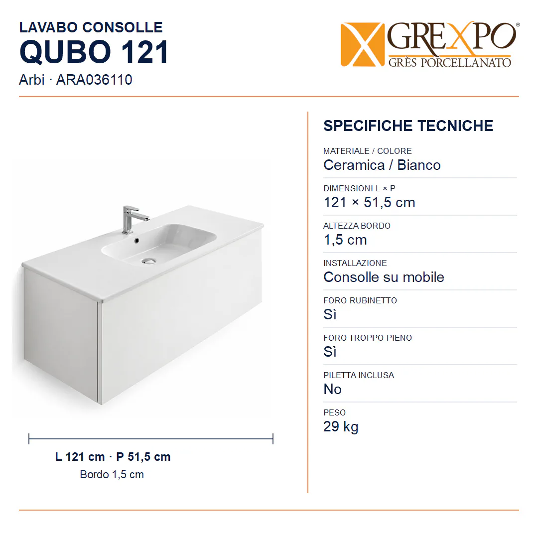 Lavabo consolle in Ceramica – Arbi Qubo 121 – Bianco – Con foro rubinetto - Misure