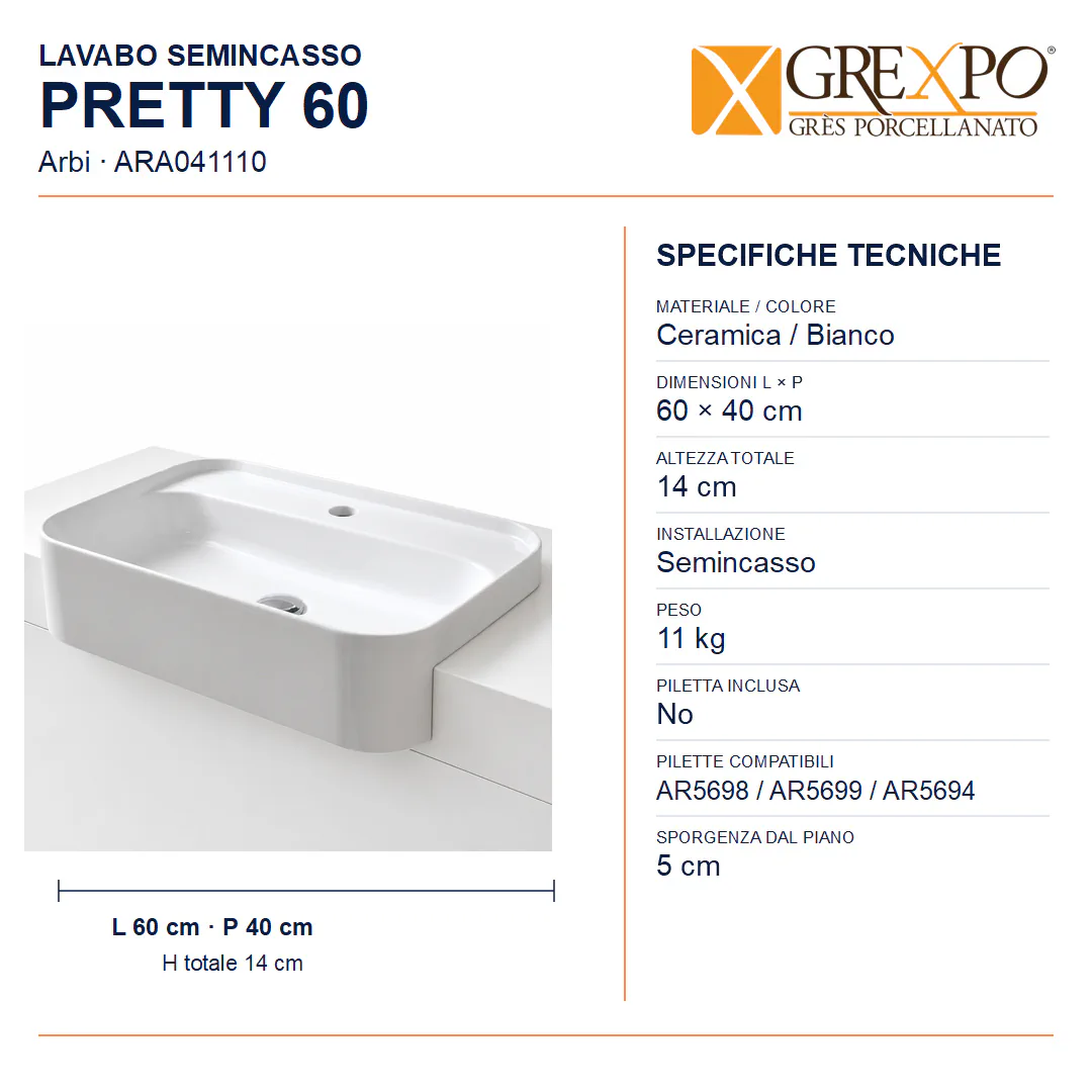 Lavabo da semincasso in Ceramica – Arbi Pretty 60 – Bianco - Misure