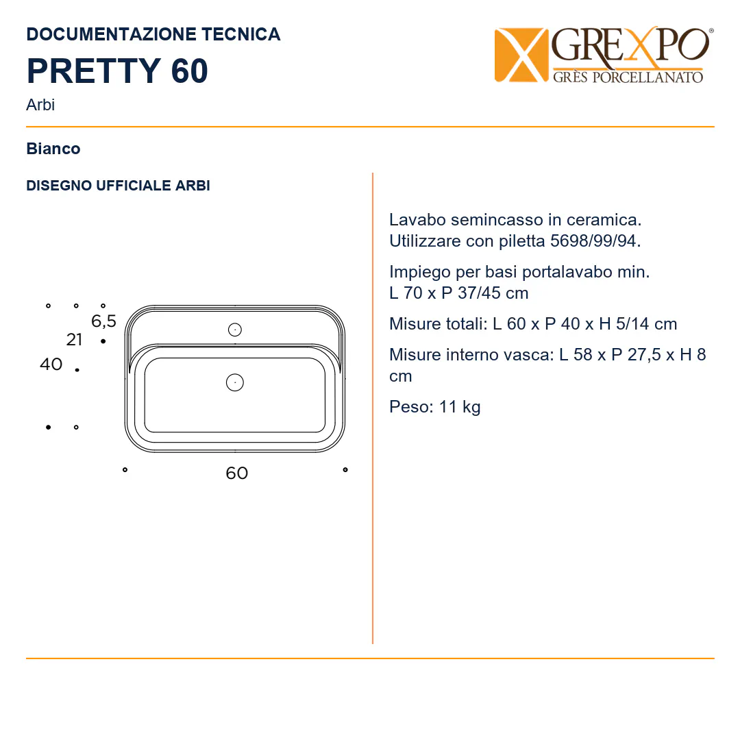 Lavabo da semincasso in Ceramica – Arbi Pretty 60 – Bianco - Disegno tecnico ARBI