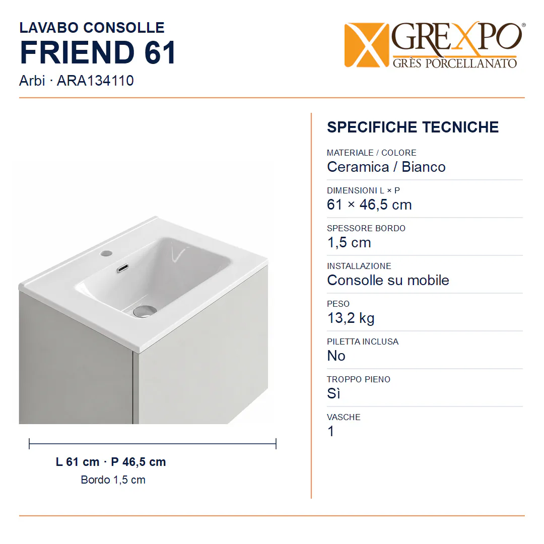 Lavabo consolle in Ceramica – Arbi Friend 61 – Bianco - Misure