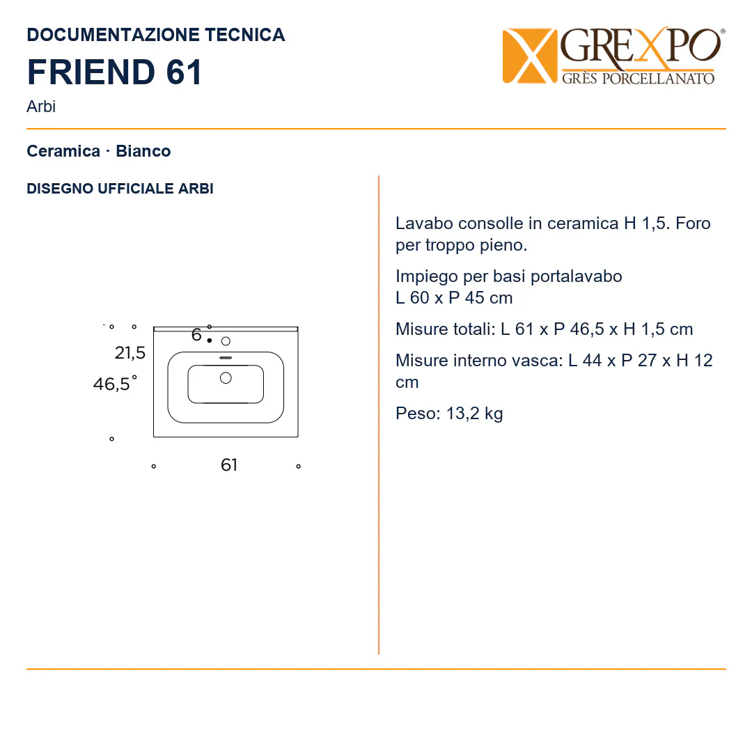 Lavabo consolle in Ceramica – Arbi Friend 61 – Bianco - Disegno tecnico ARBI