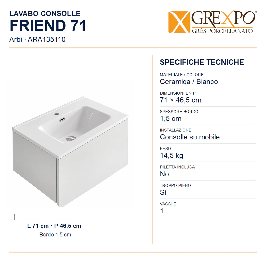 Lavabo consolle in Ceramica – Arbi Friend 71 – Bianco - Misure