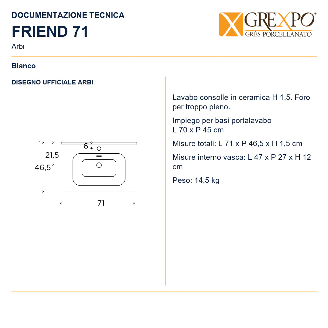 Lavabo consolle in Ceramica – Arbi Friend 71 – Bianco - Disegno tecnico ARBI