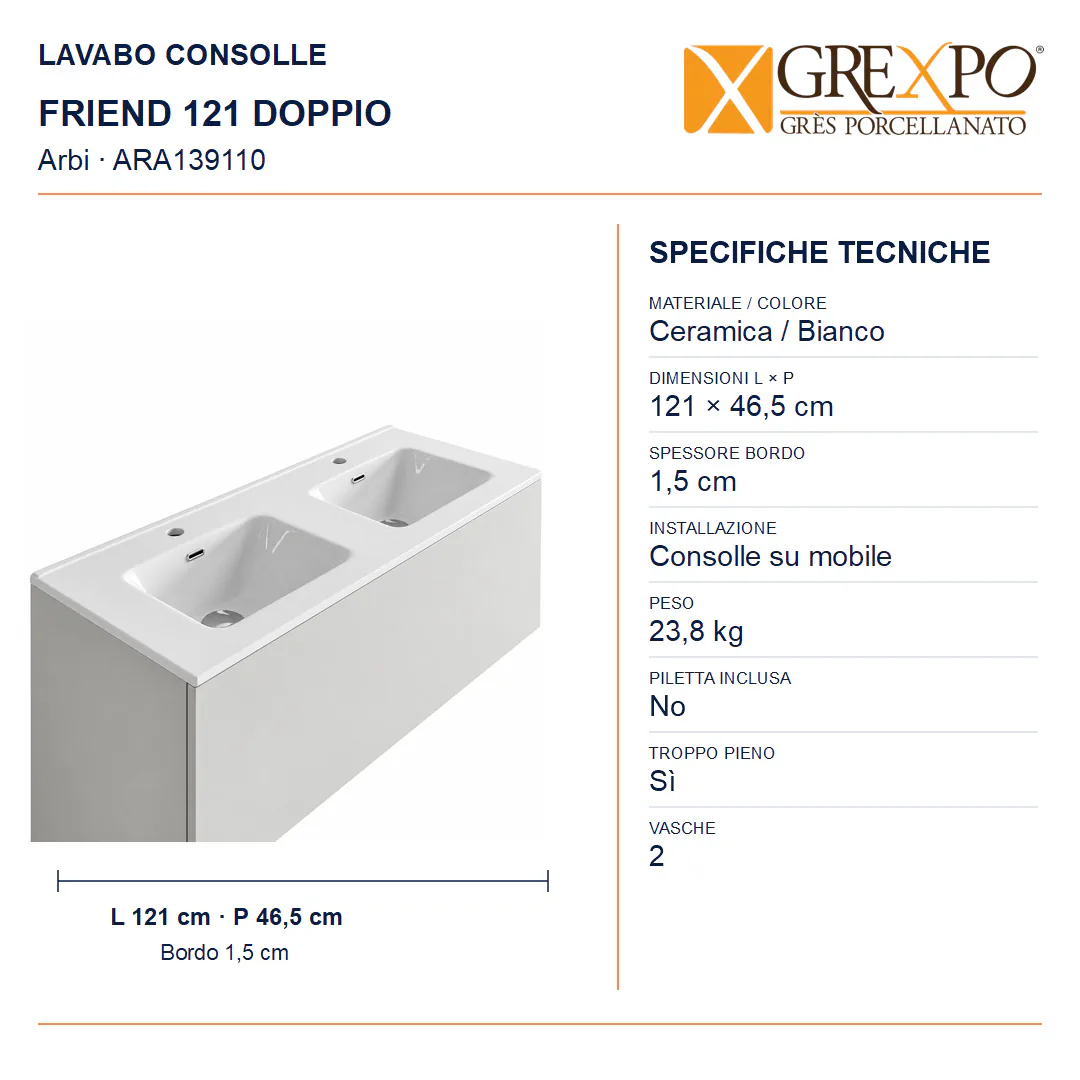Lavabo consolle in Ceramica – Arbi Friend 121 Doppio – Bianco - Misure