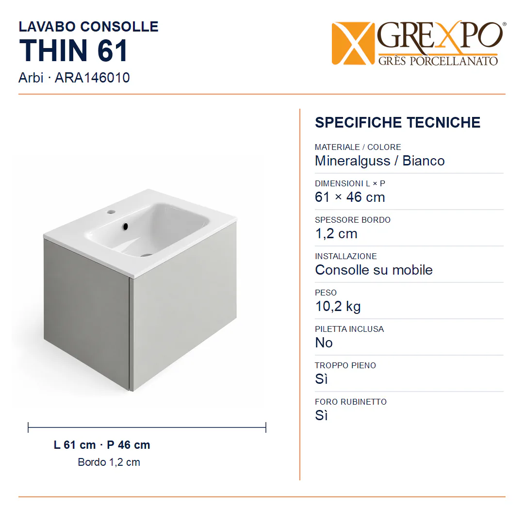 Lavabo consolle in Mineralguss – Arbi Thin 61 – Mineralmarmo Bianco - Misure