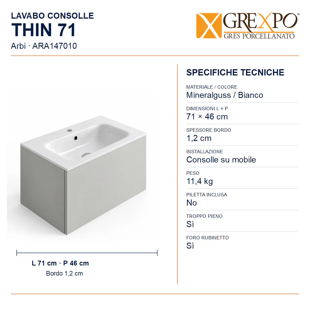 Lavabo consolle in Mineralguss – Arbi Thin 71 – Mineralmarmo Bianco - Misure
