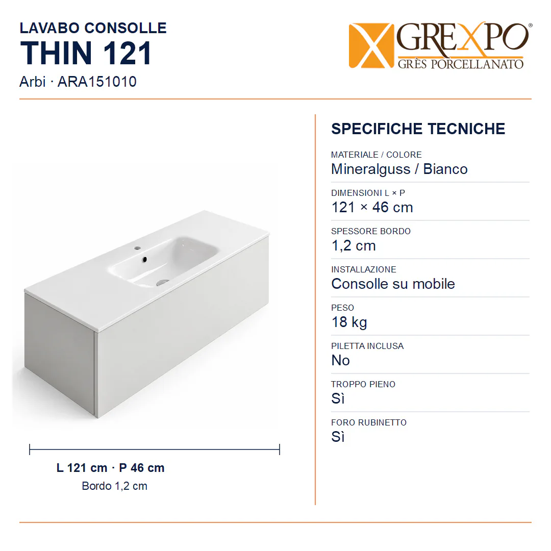 Lavabo consolle in Mineralguss – Arbi Thin 121 – Mineralmarmo Bianco - Misure