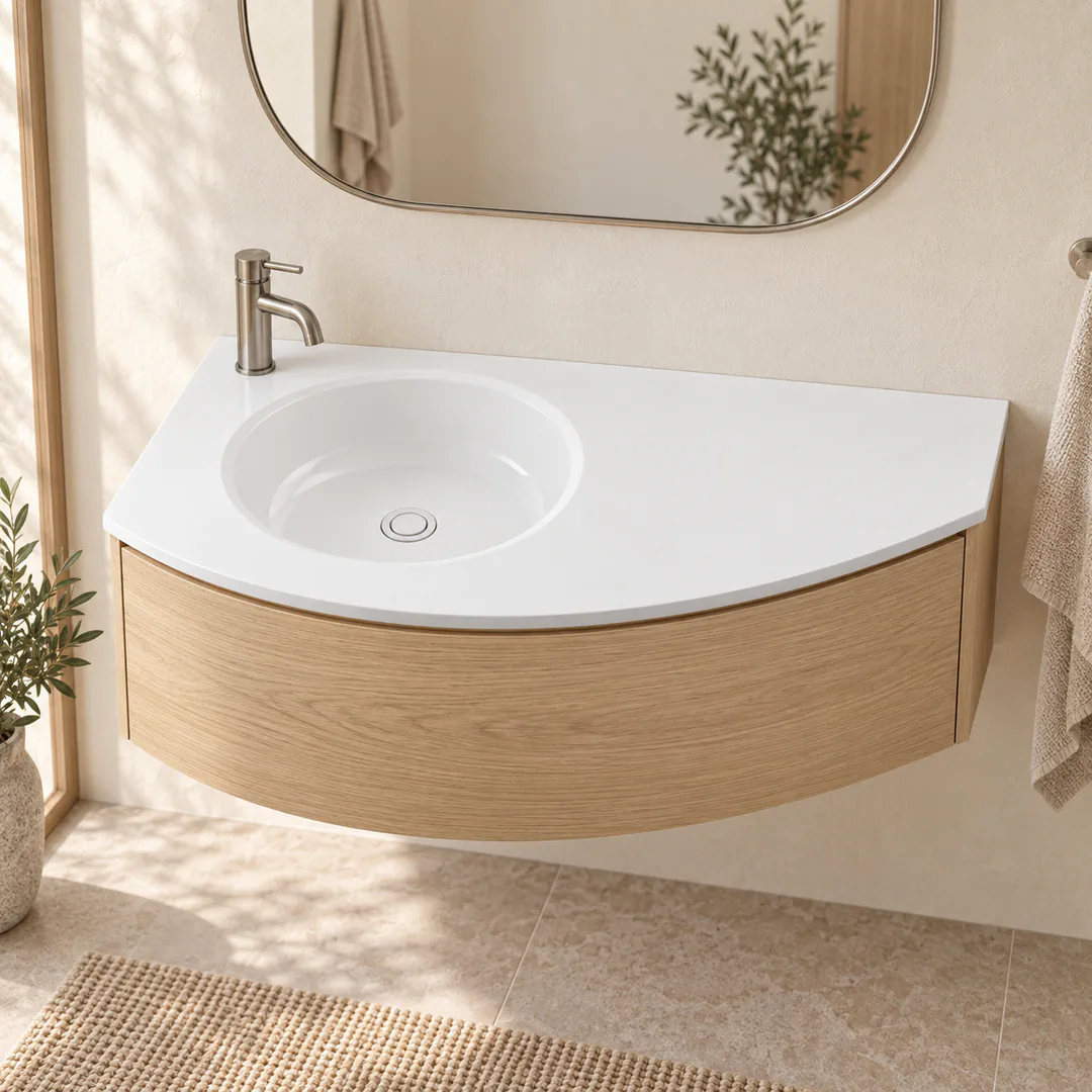Lavabo consolle in Mineralguss – Arbi Curva SX – Mineralmarmo Bianco - Ambientata