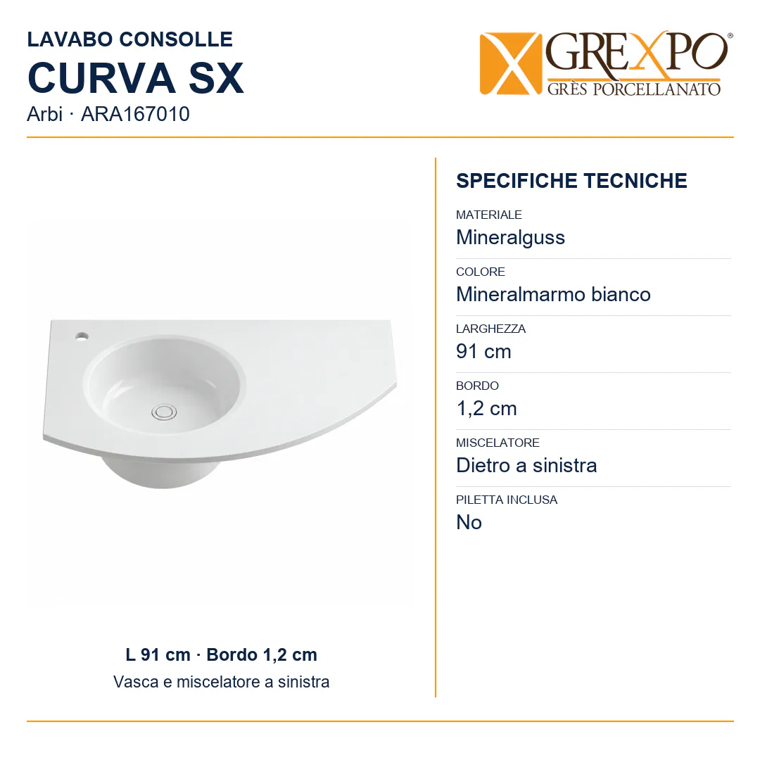 Lavabo consolle in Mineralguss – Arbi Curva SX – Mineralmarmo Bianco - Misure
