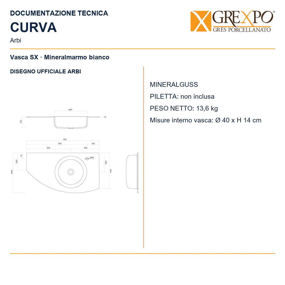 Lavabo consolle in Mineralguss – Arbi Curva SX – Mineralmarmo Bianco - Disegno tecnico ARBI