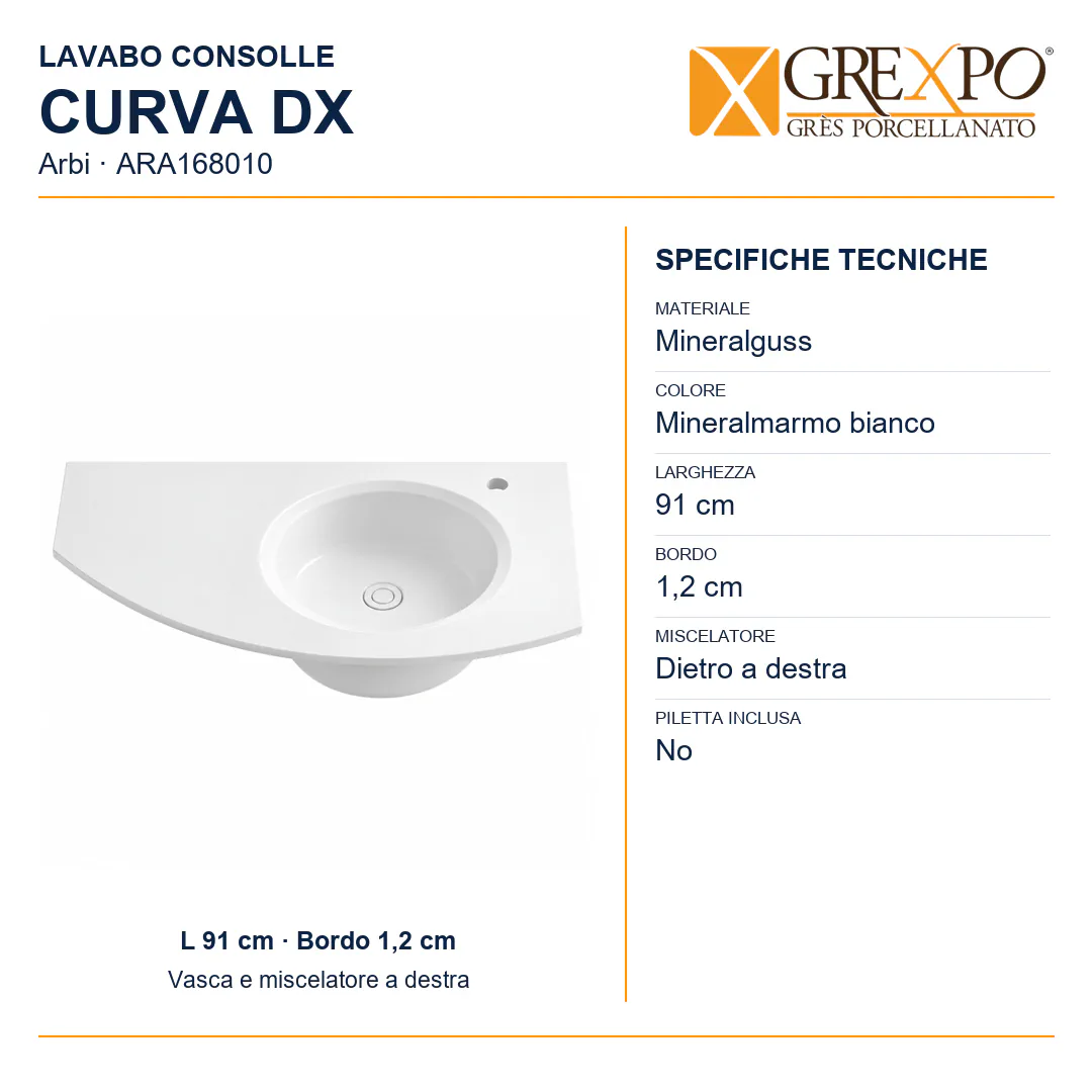 Lavabo consolle in Mineralguss – Arbi Curva DX – Mineralmarmo Bianco - Misure