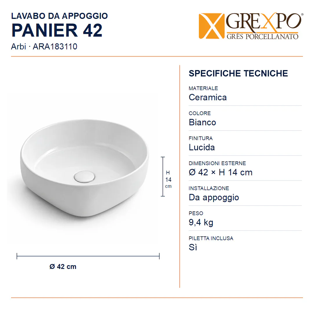 Lavabo da appoggio in Ceramica – Arbi Panier 42 – Bianco lucido - Misure