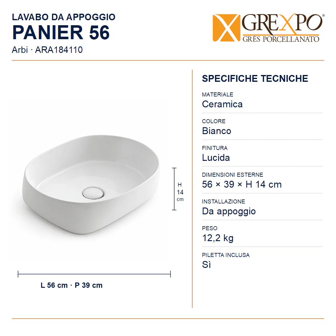 Lavabo da appoggio in Ceramica – Arbi Panier 56 – Bianco lucido - Misure