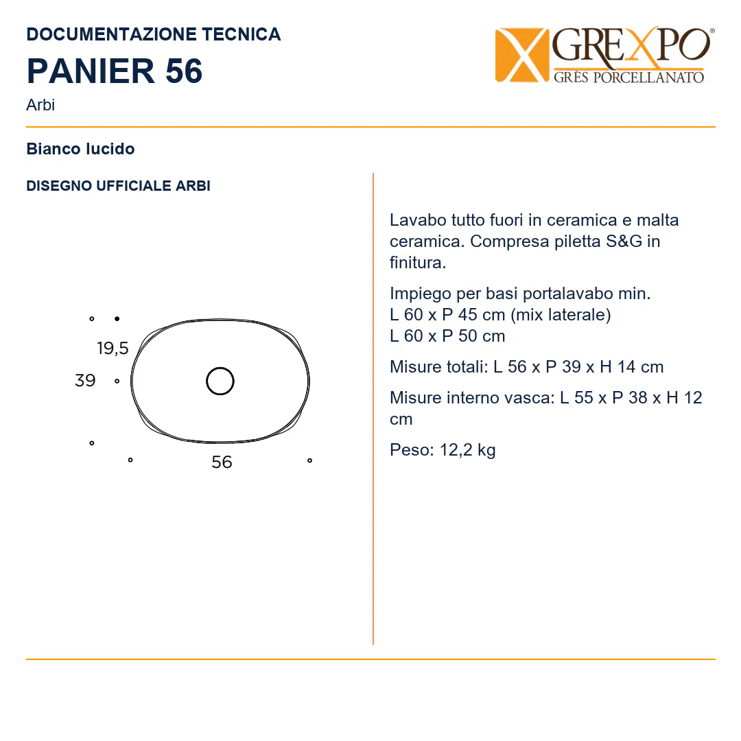 Lavabo da appoggio in Ceramica – Arbi Panier 56 – Bianco lucido - Disegno tecnico ARBI