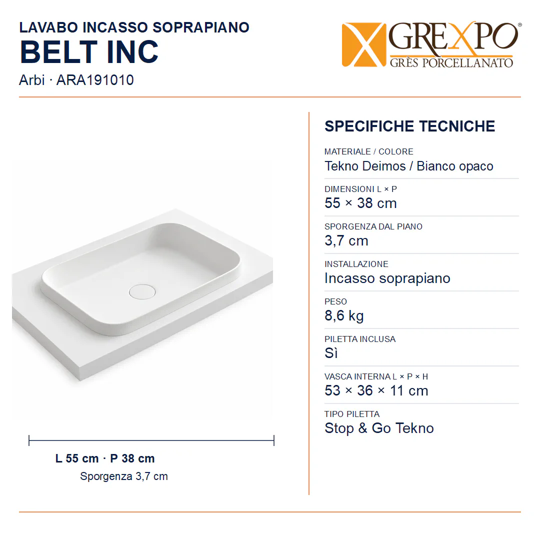 Lavabo da incasso soprapiano in Tekno – Arbi Belt Inc – Mineralmarmo Bianco - Misure