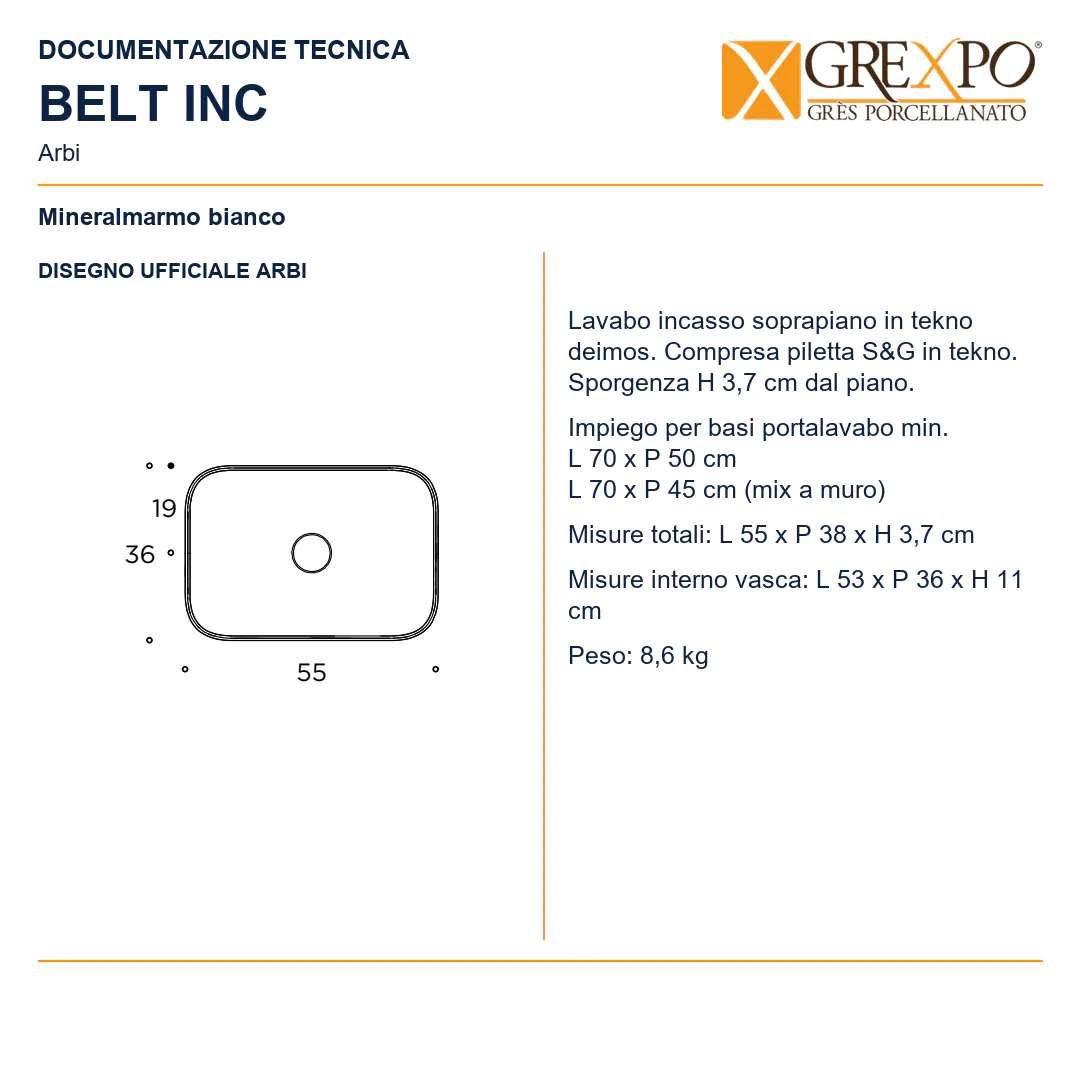 Lavabo da incasso soprapiano in Tekno – Arbi Belt Inc – Mineralmarmo Bianco - Disegno tecnico ARBI