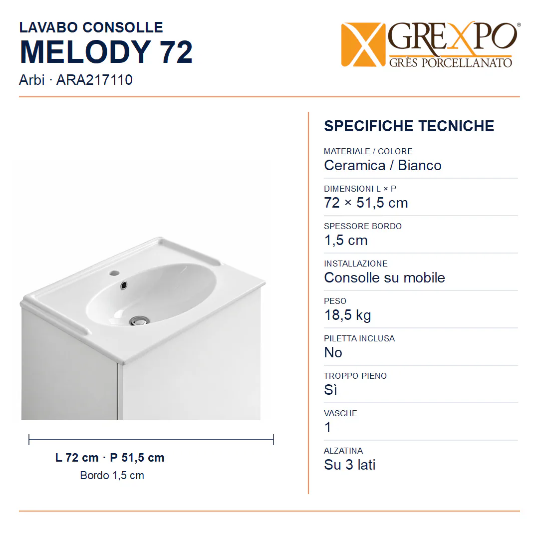Lavabo consolle in Ceramica – Arbi Melody 72 – Bianco - Misure