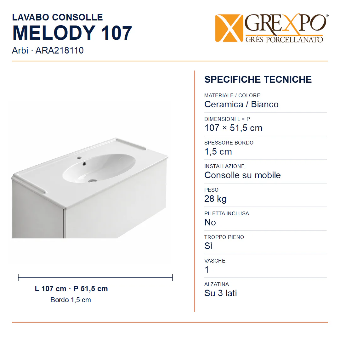 Lavabo consolle in Ceramica – Arbi Melody 107 – Bianco - Misure