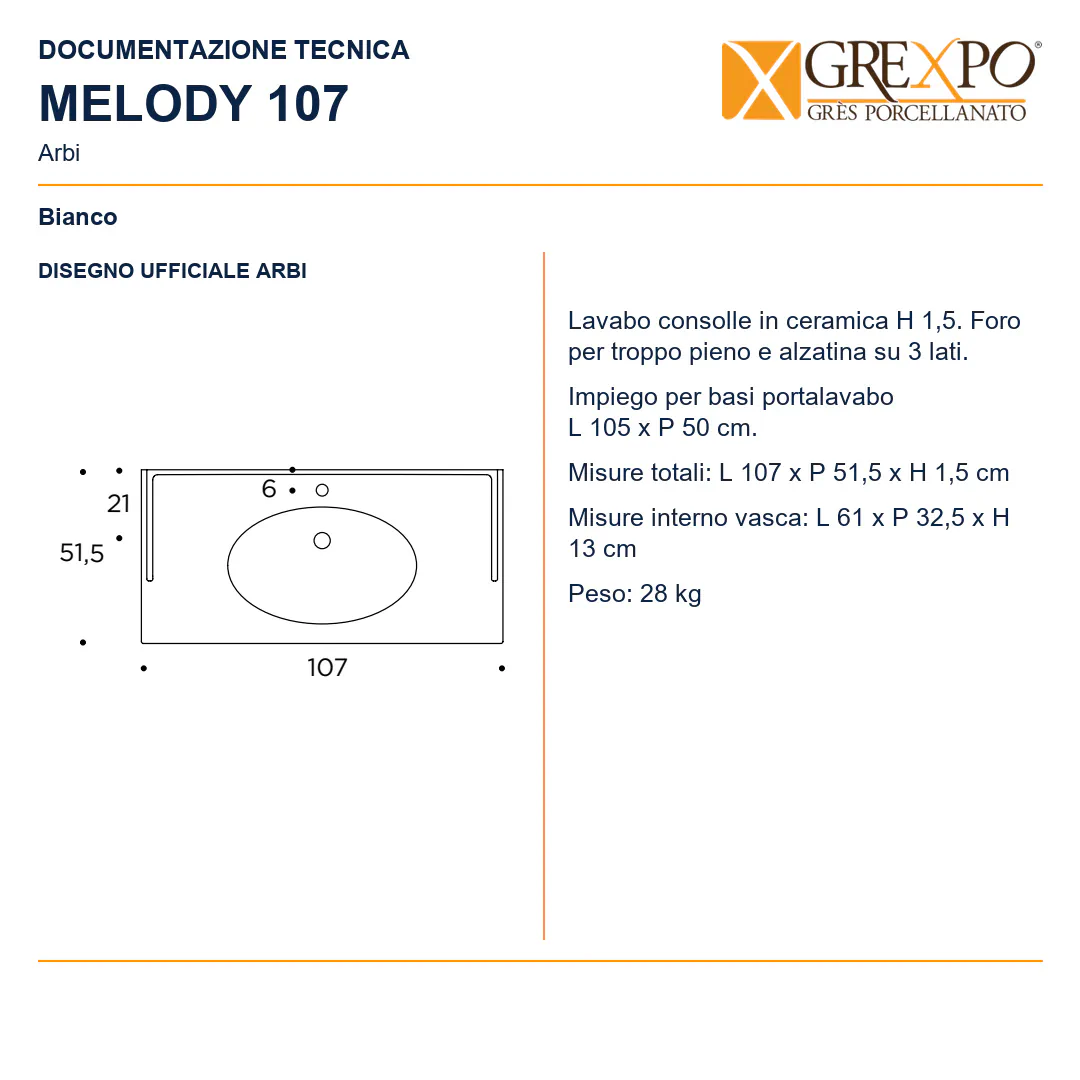 Lavabo consolle in Ceramica – Arbi Melody 107 – Bianco - Disegno tecnico ARBI