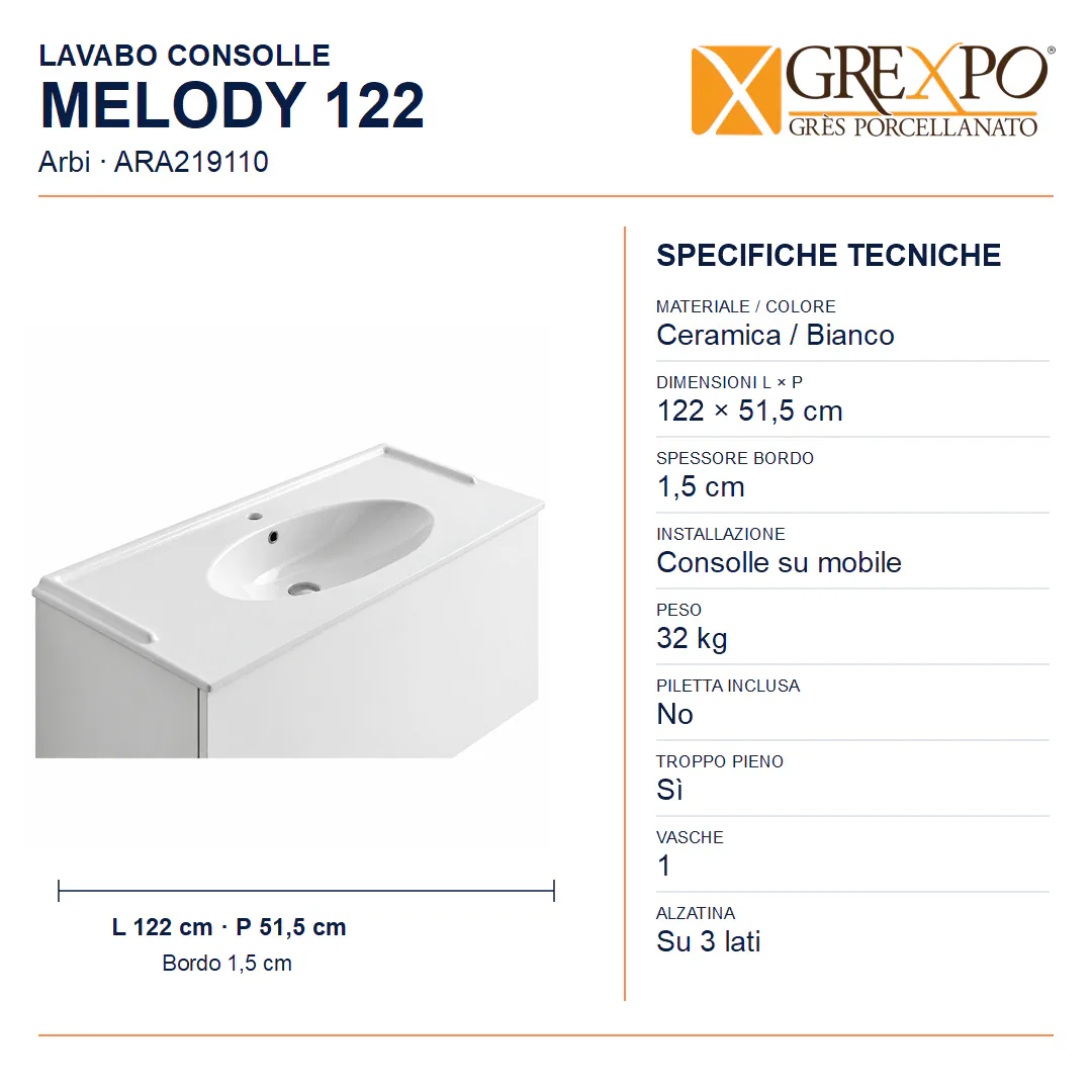 Lavabo consolle in Ceramica – Arbi Melody 122 – Bianco - Misure