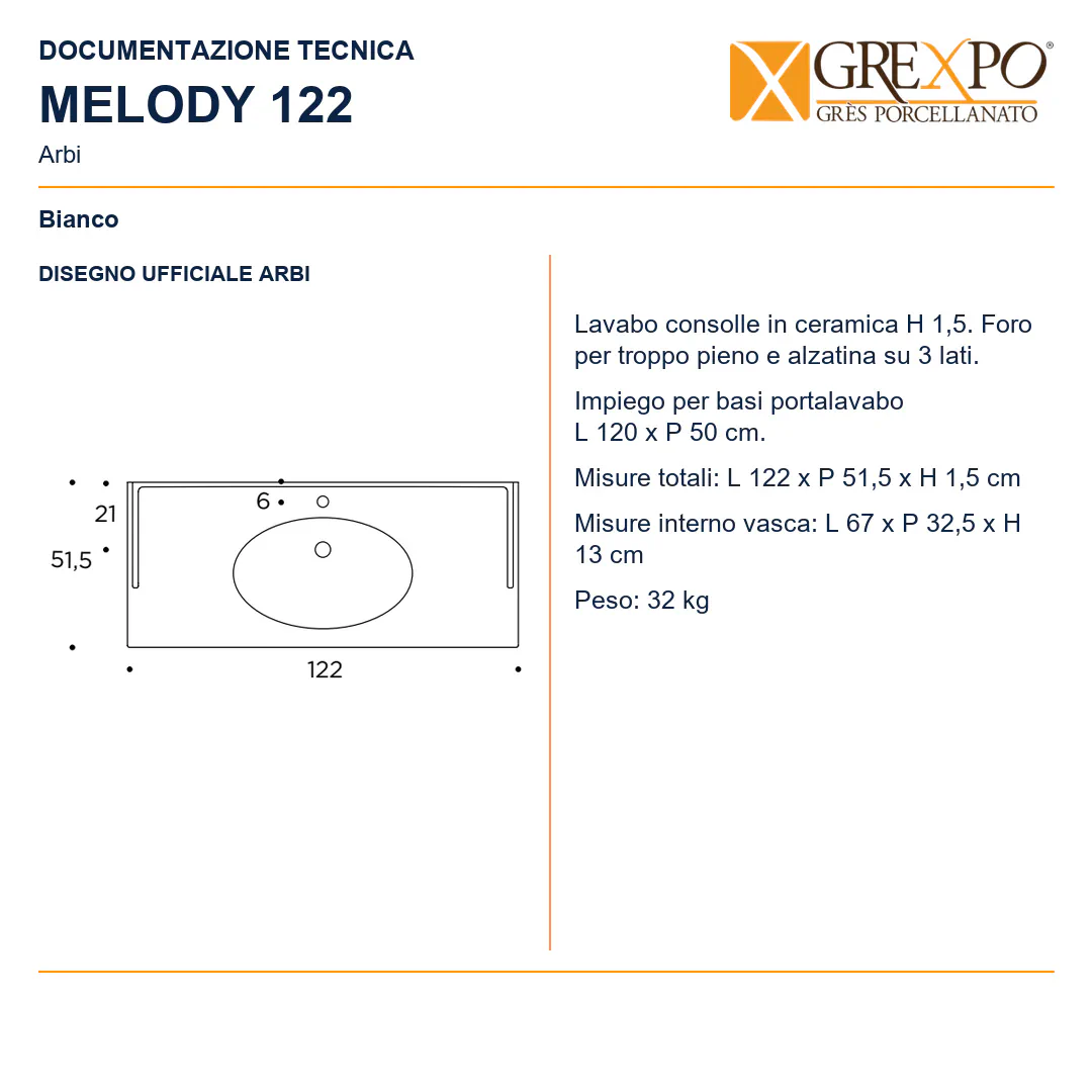 Lavabo consolle in Ceramica – Arbi Melody 122 – Bianco - Disegno tecnico ARBI