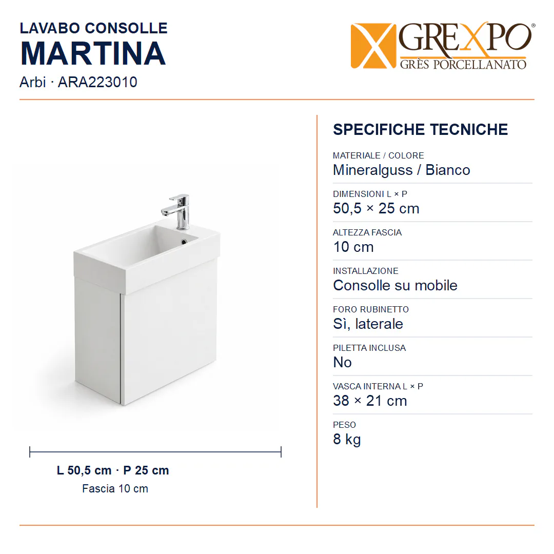 Lavabo consolle in Mineralguss – Arbi Martina – Mineralmarmo Bianco - Misure