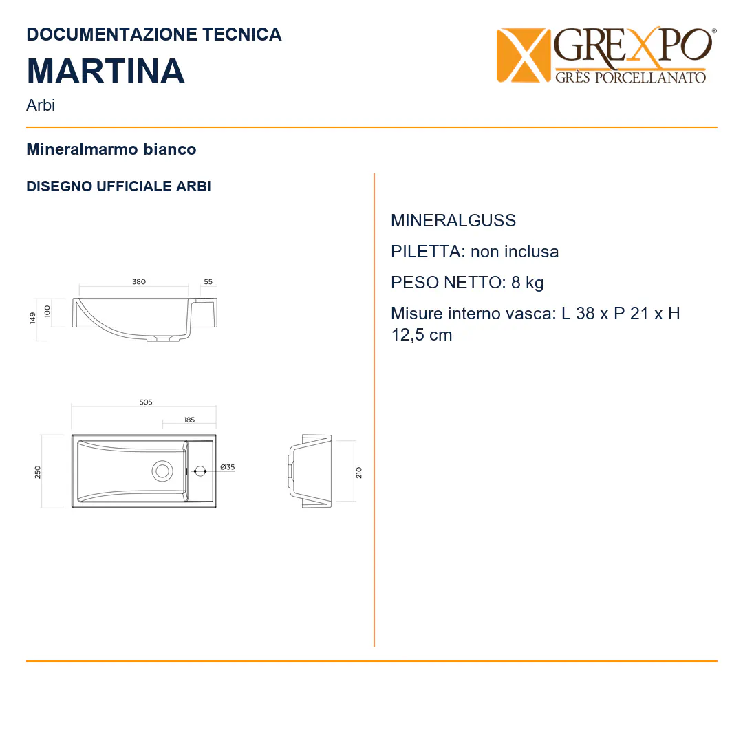 Lavabo consolle in Mineralguss – Arbi Martina – Mineralmarmo Bianco - Disegno tecnico ARBI