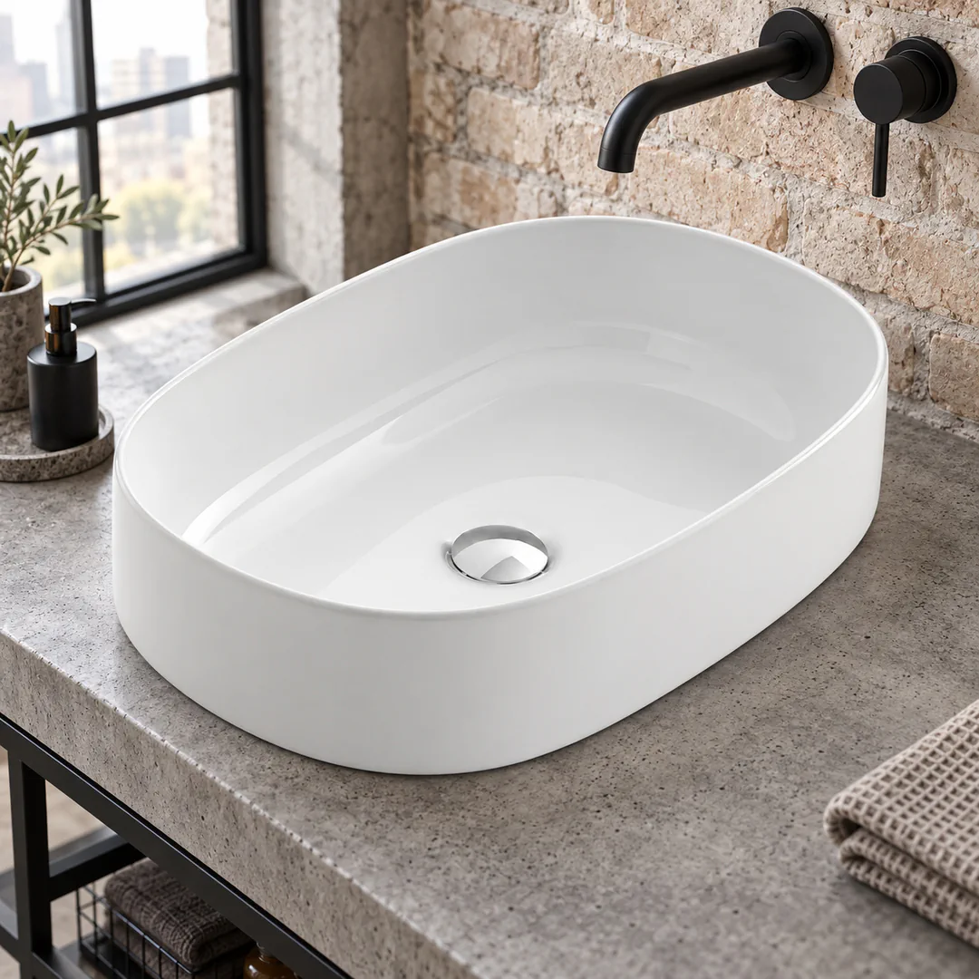 Lavabo da appoggio in Ceramica – Arbi Ghost – Bianco - Ambientata