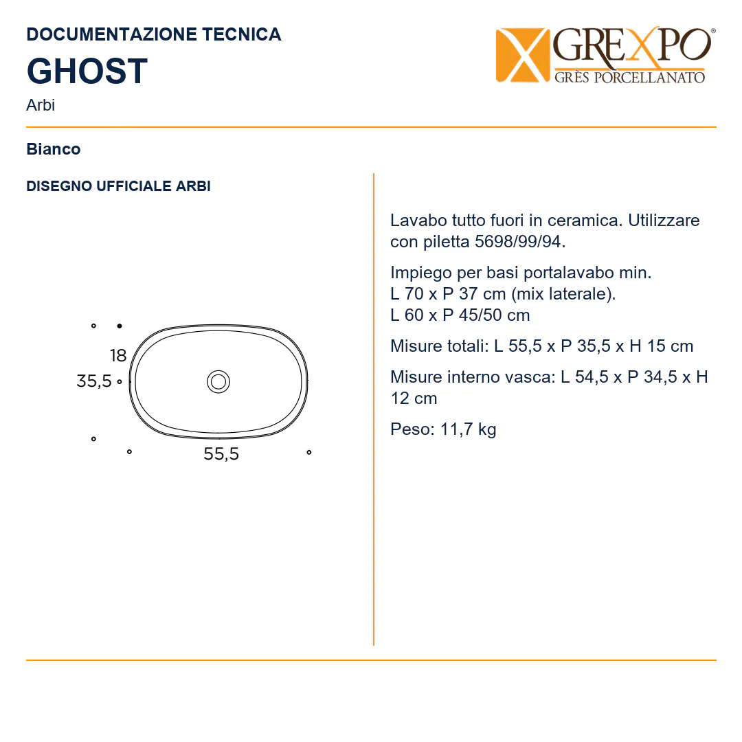 Lavabo da appoggio in Ceramica – Arbi Ghost – Bianco - Disegno tecnico ARBI