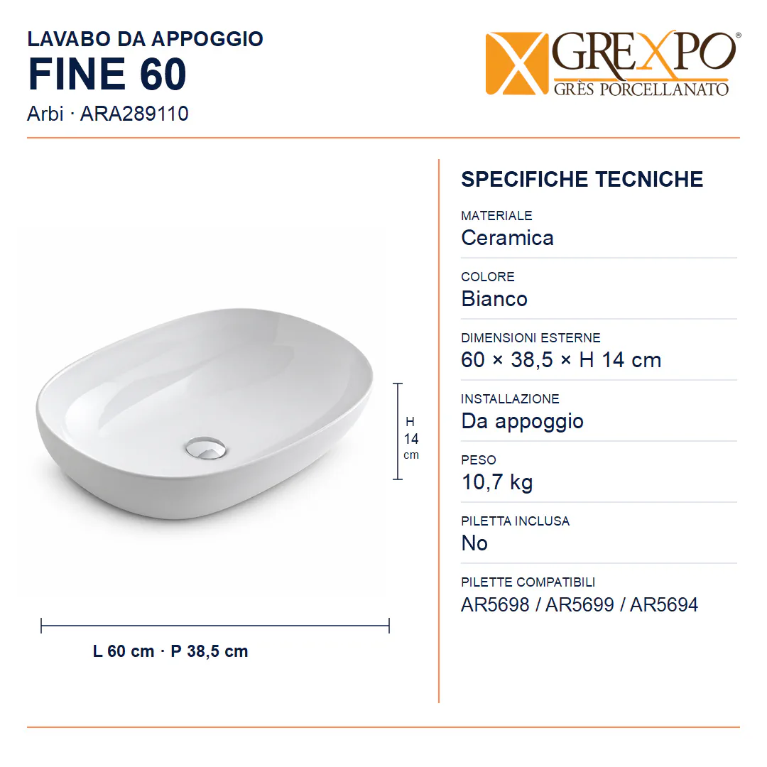 Lavabo da appoggio in Ceramica – Arbi Fine 60 – Bianco - Misure