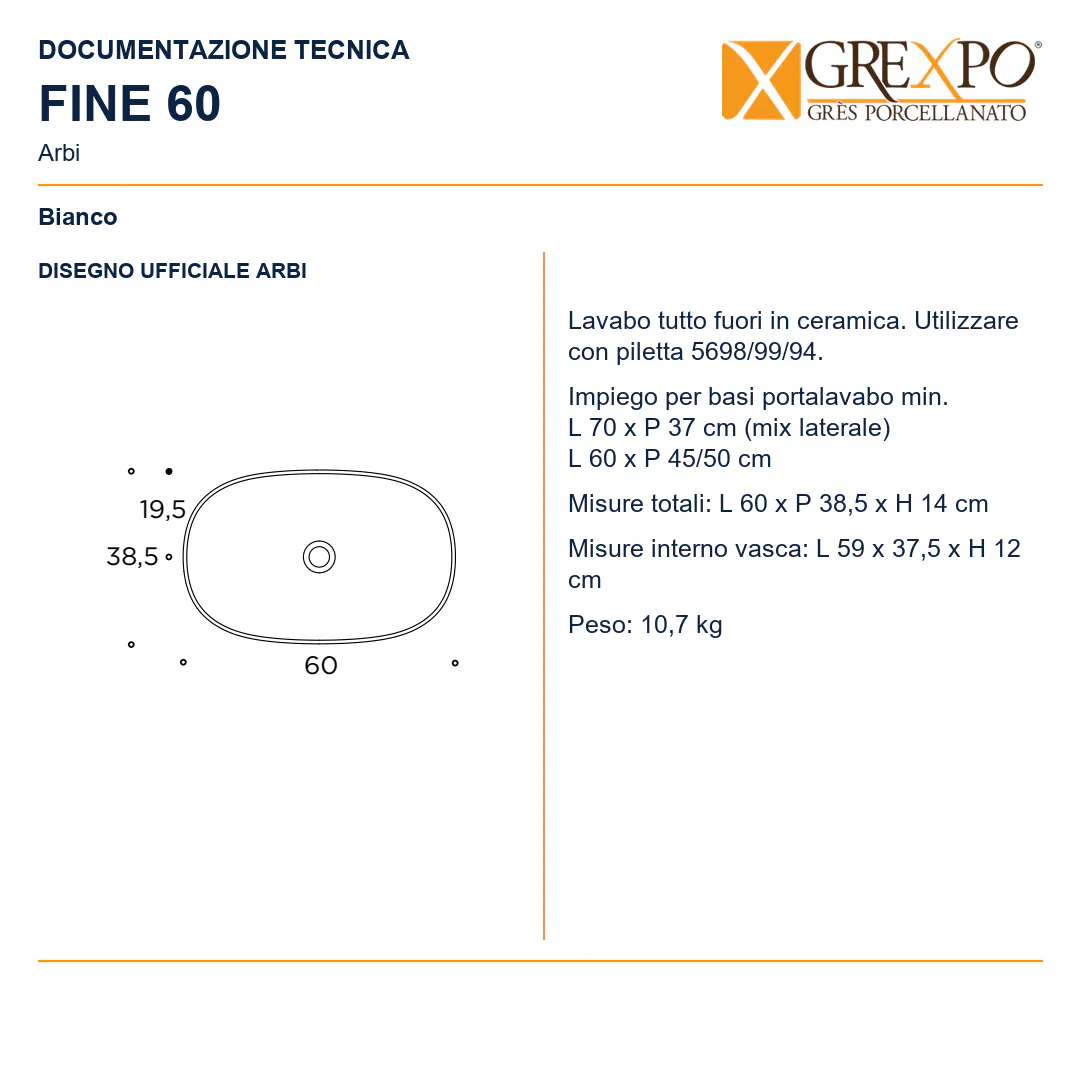 Lavabo da appoggio in Ceramica – Arbi Fine 60 – Bianco - Disegno tecnico ARBI