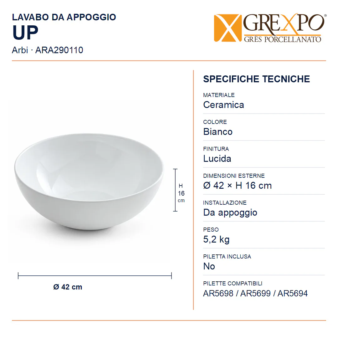 Lavabo da appoggio in Ceramica – Arbi Up – Bianco - Misure