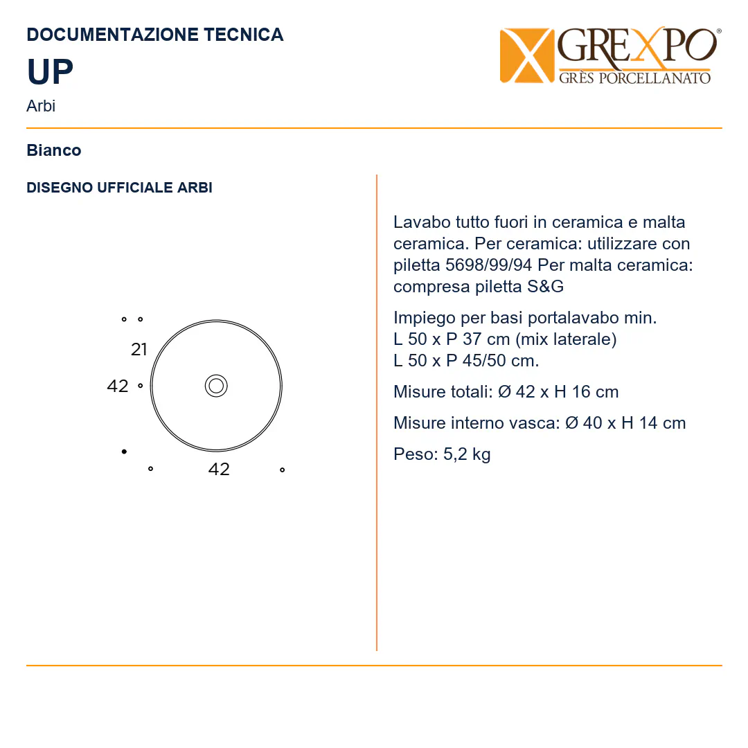 Lavabo da appoggio in Ceramica – Arbi Up – Bianco - Disegno tecnico ARBI