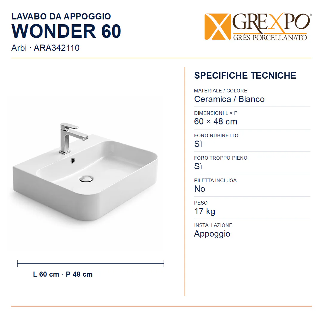 Lavabo da appoggio in Ceramica – Arbi Wonder 60 – Bianco - Misure