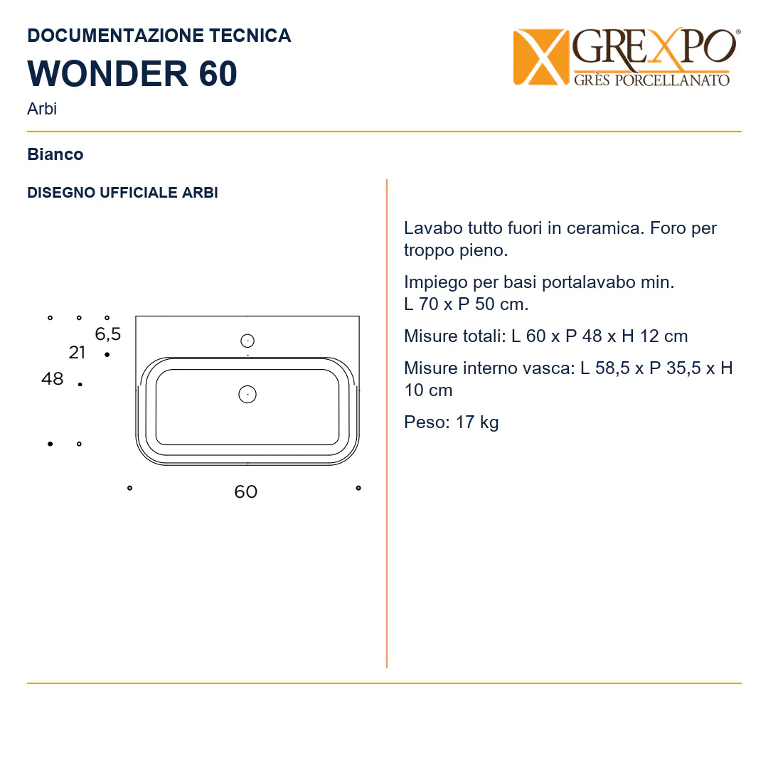 Lavabo da appoggio in Ceramica – Arbi Wonder 60 – Bianco - Disegno tecnico ARBI