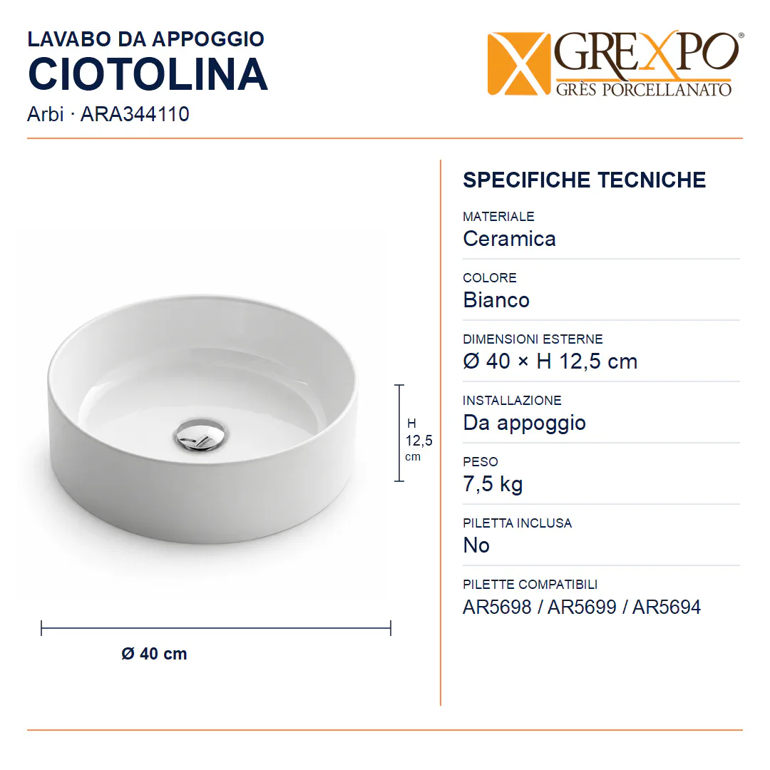 Lavabo da appoggio in Ceramica – Arbi Ciotolina – Bianco - Misure