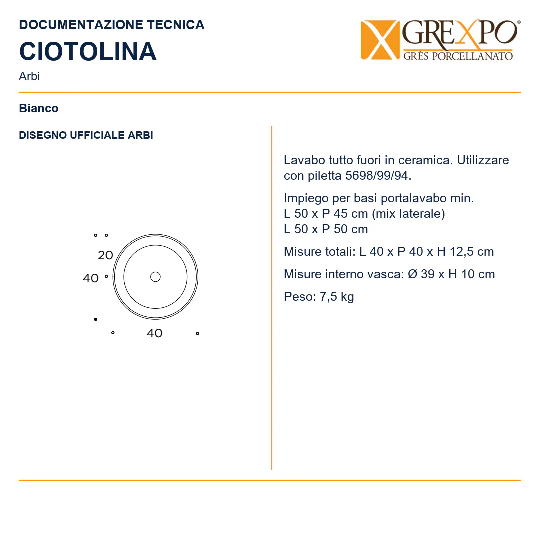 Lavabo da appoggio in Ceramica – Arbi Ciotolina – Bianco - Disegno tecnico ARBI