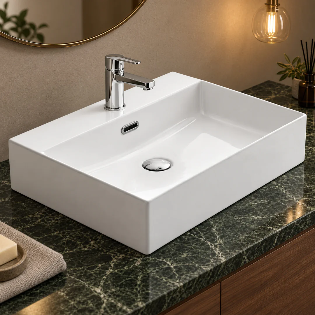 Lavabo da appoggio in Ceramica – Arbi Delta 60 – Bianco - Ambientata