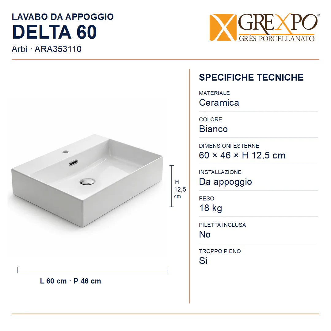 Lavabo da appoggio in Ceramica – Arbi Delta 60 – Bianco - Misure