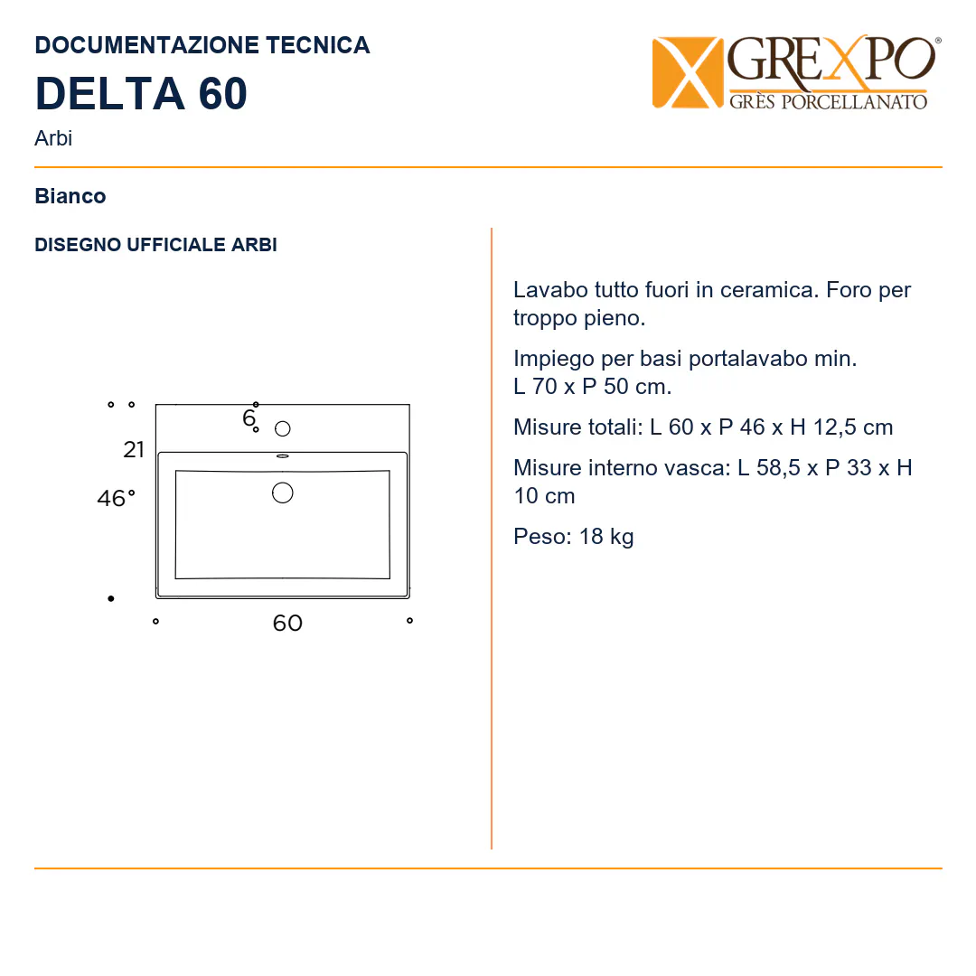 Lavabo da appoggio in Ceramica – Arbi Delta 60 – Bianco - Disegno tecnico ARBI