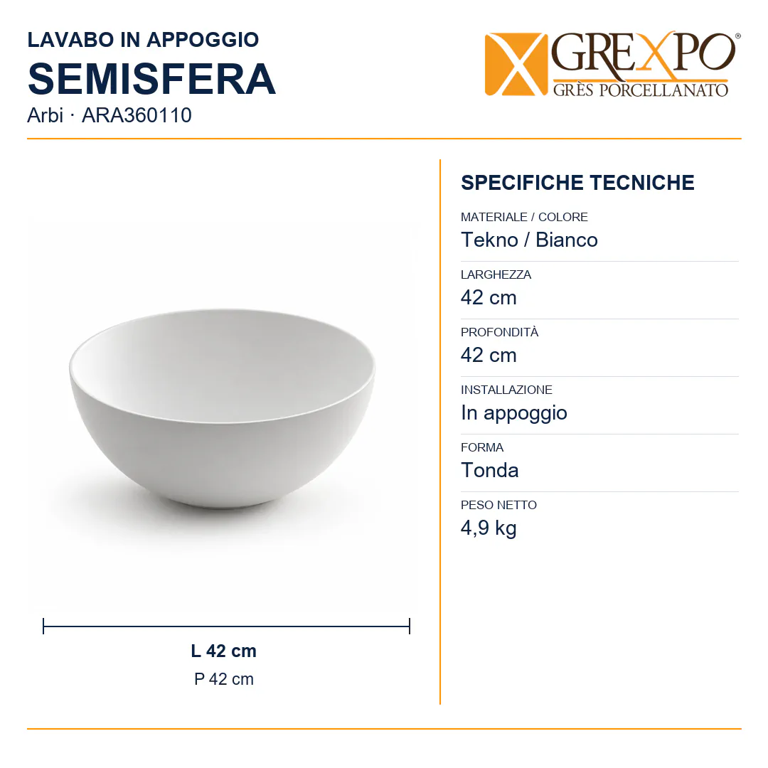 Lavabo da appoggio in Tekno – Arbi Semisfera – Bianco - Misure