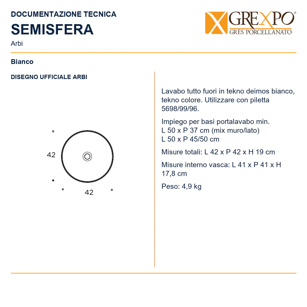 Lavabo da appoggio in Tekno – Arbi Semisfera – Bianco - Disegno tecnico ARBI