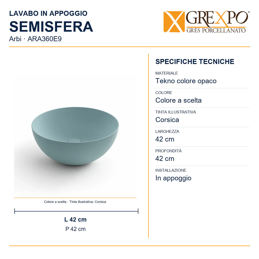 Lavabo da appoggio in Tekno – Arbi Semisfera – Tekno colore opaco da scegliere in mazzetta Arbi - Misure