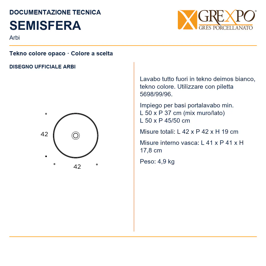 Lavabo da appoggio in Tekno – Arbi Semisfera – Tekno colore opaco da scegliere in mazzetta Arbi - Disegno tecnico ARBI