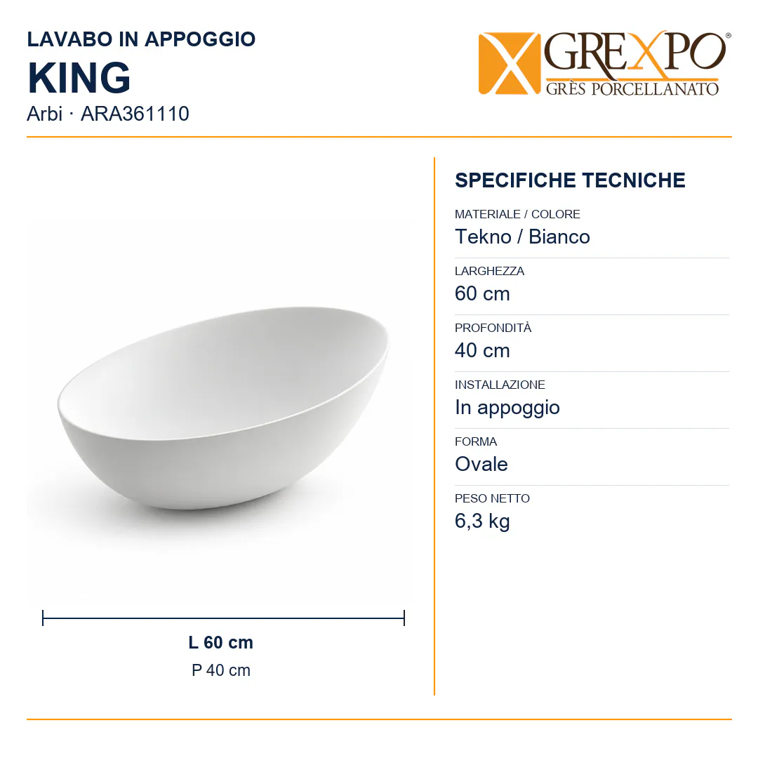 Lavabo da appoggio in Tekno – Arbi King – Bianco - Misure