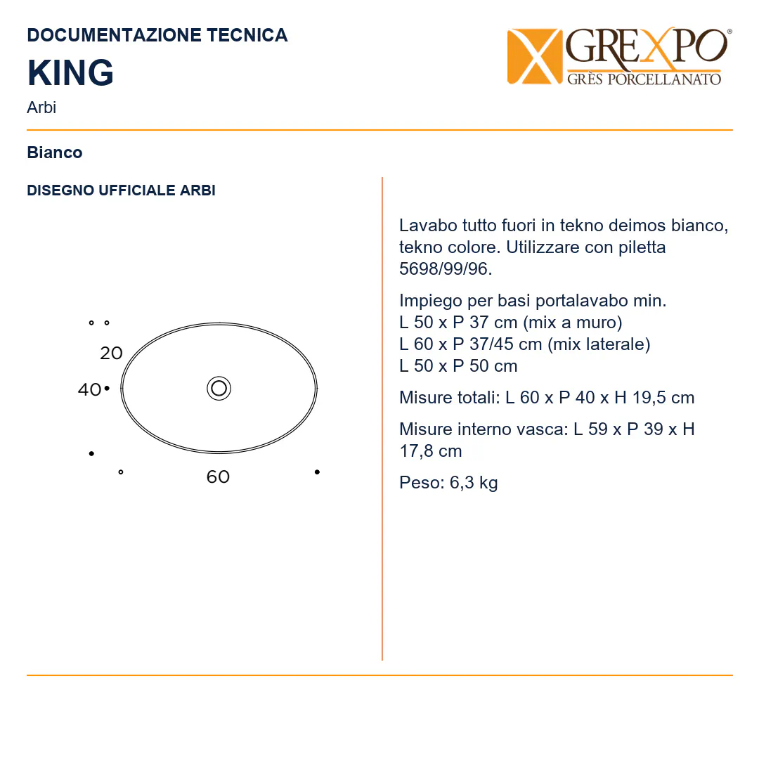 Lavabo da appoggio in Tekno – Arbi King – Bianco - Disegno tecnico ARBI
