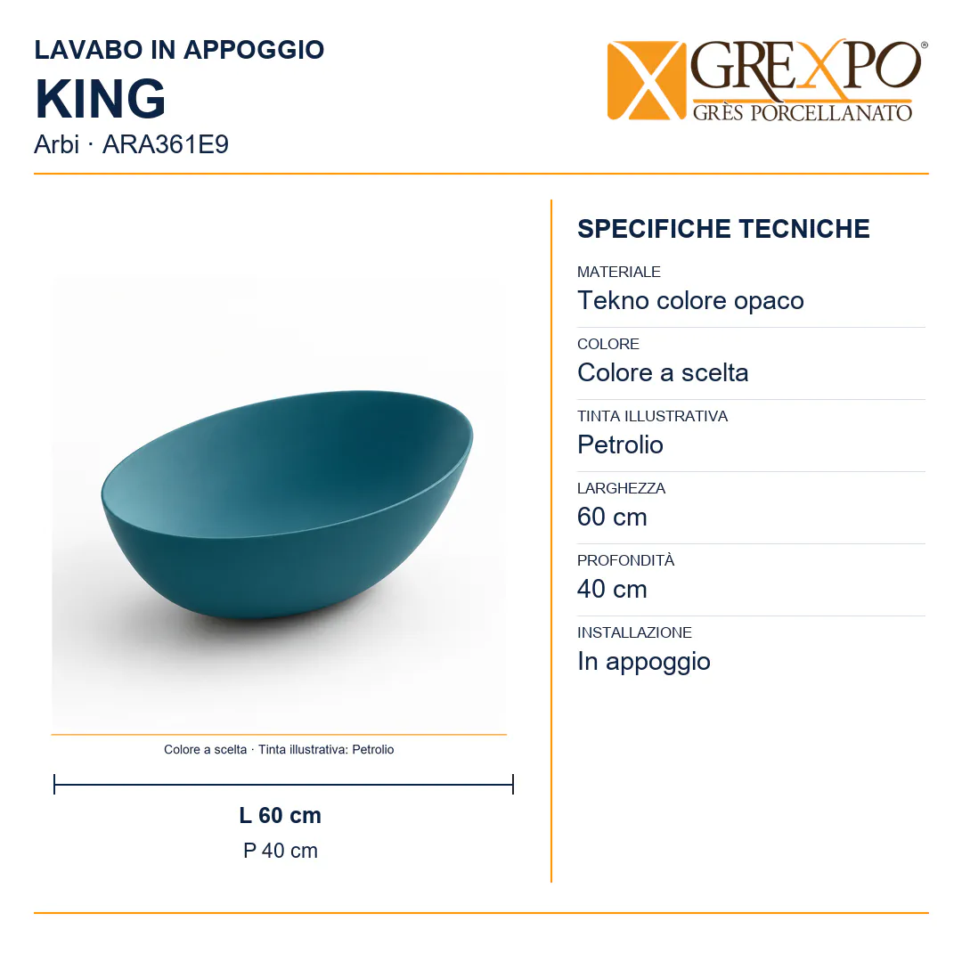 Lavabo da appoggio in Tekno – Arbi King – Tekno colore opaco da scegliere in mazzetta Arbi - Misure